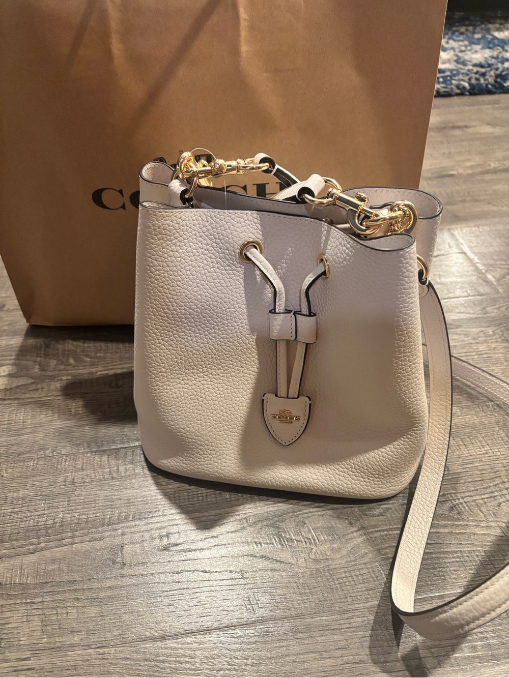 Coach Chalk Pebbled Leather Bucket Crossbody with Gold Hardware